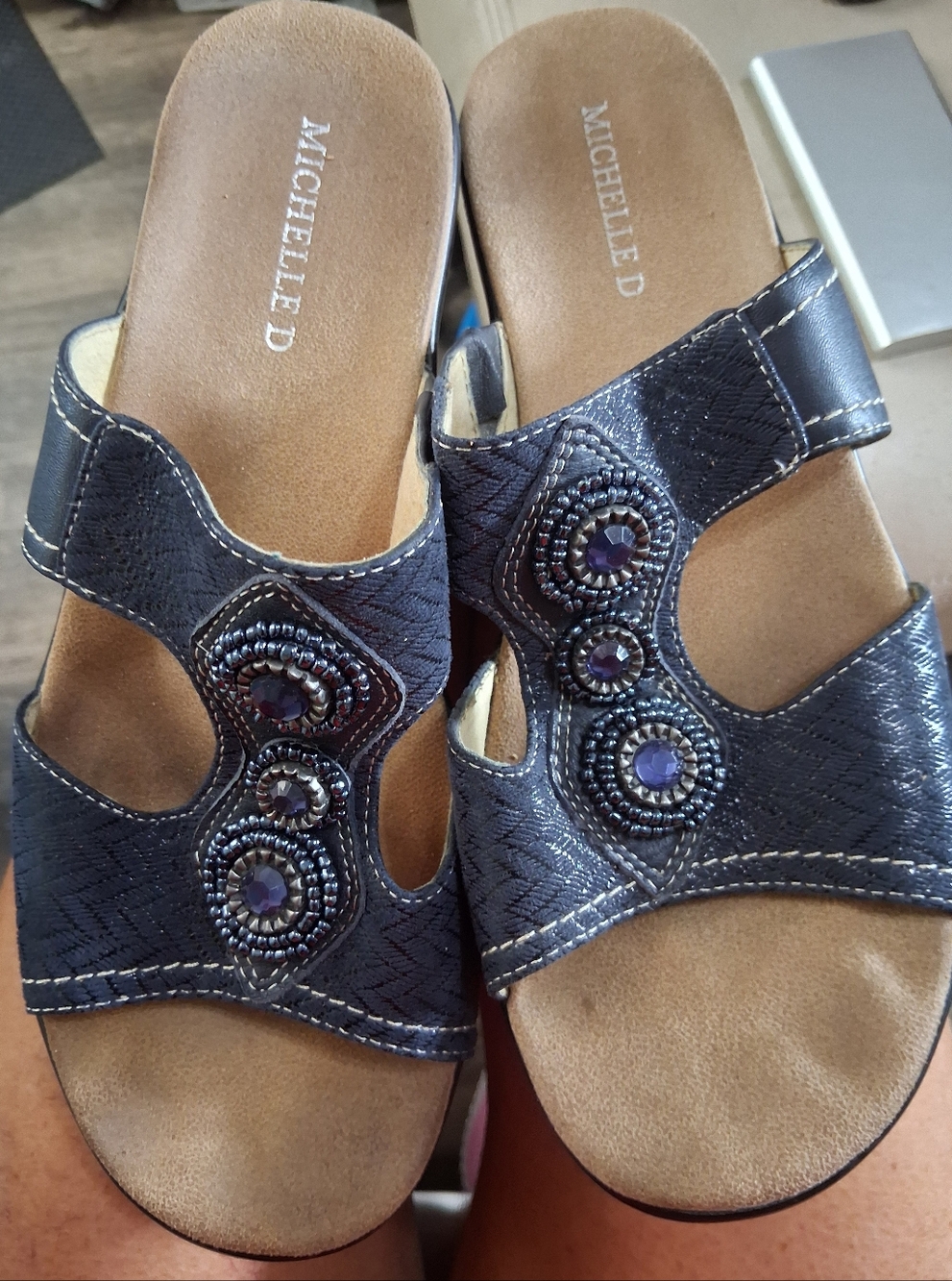 MICHELLE D Navy Embellished Slip-On Comfort Mules
